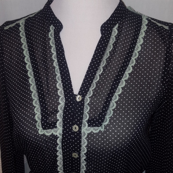 Sheer polka dot blouse with mint lace trim - Picture 2 of 3